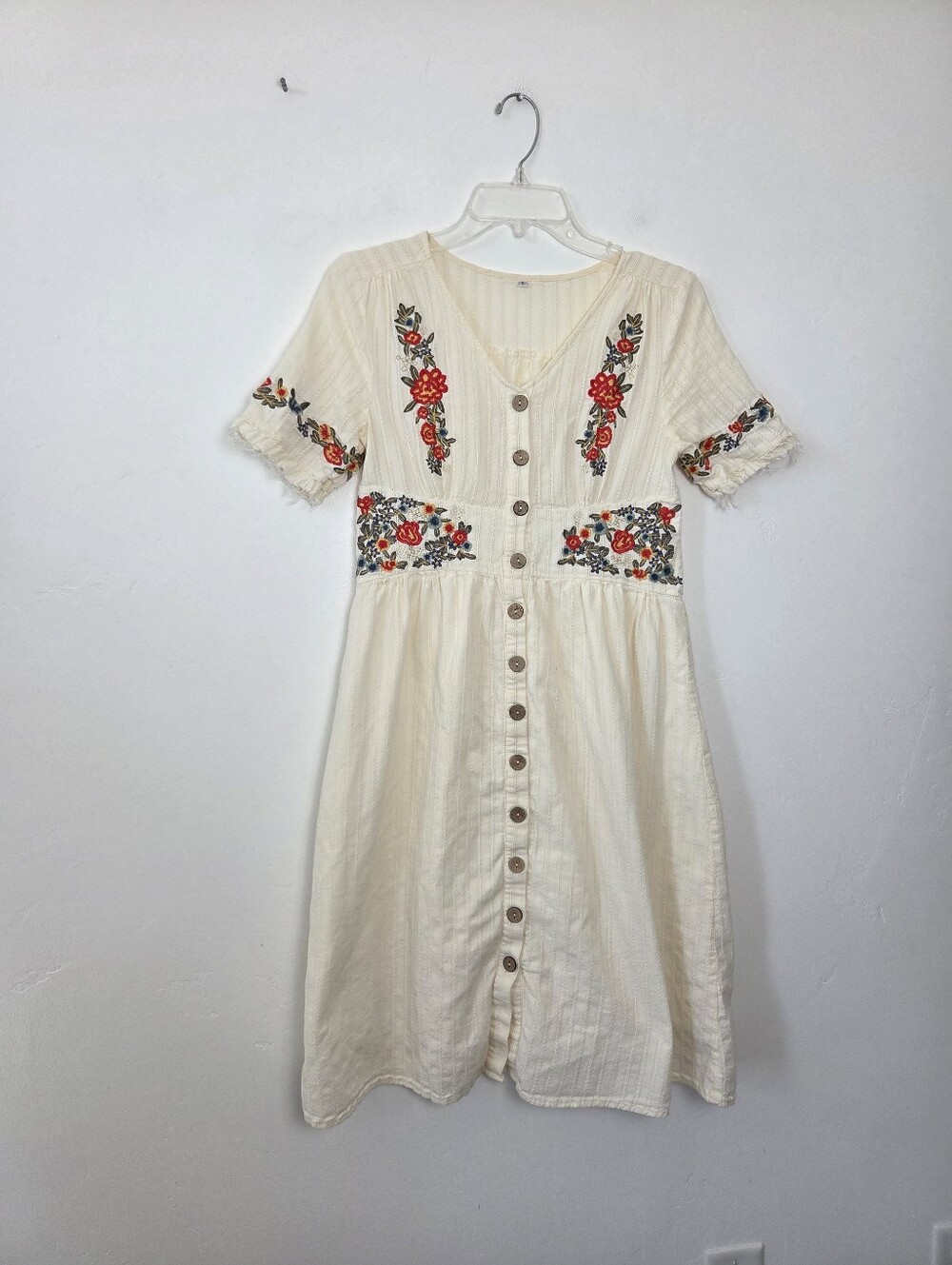 100% Cotton Ivory Cream Floral Embroidered Midi Dress Boho Festival Summer Small
